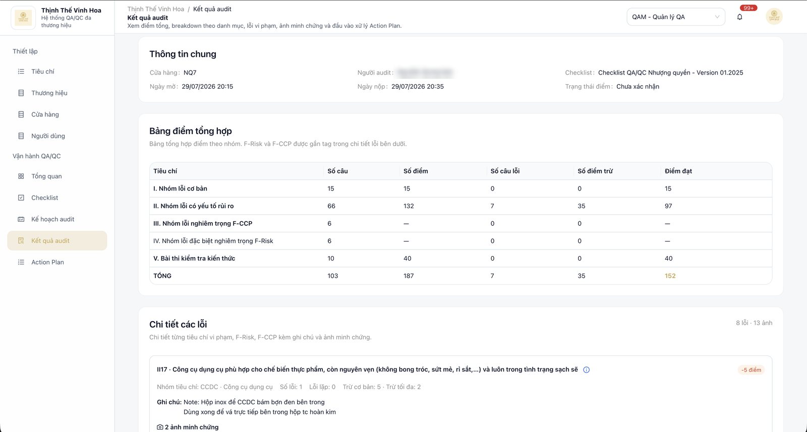 Chi tiết kết quả audit với bảng điểm tổng hợp theo nhóm tiêu chí
